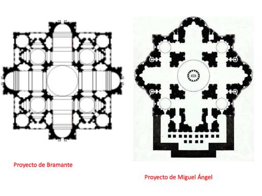 En la imagen del proyecto se puede ver el equilibrio entre formas cuadradas y circulares. Este proyecto no se llego a terminar por el propio Bramante, a causa de su muerte.