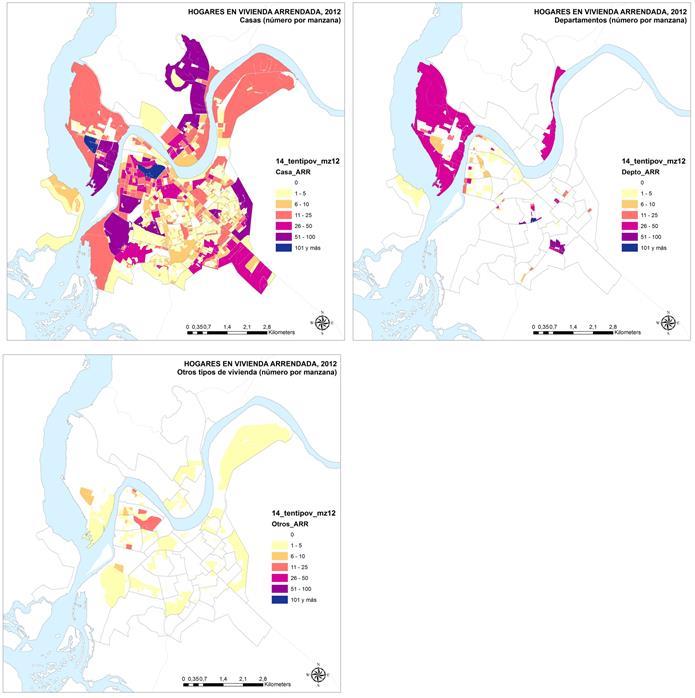 Mapa 6. Distribución territorial de viviendas arrendadas según tipo, censo 2012.