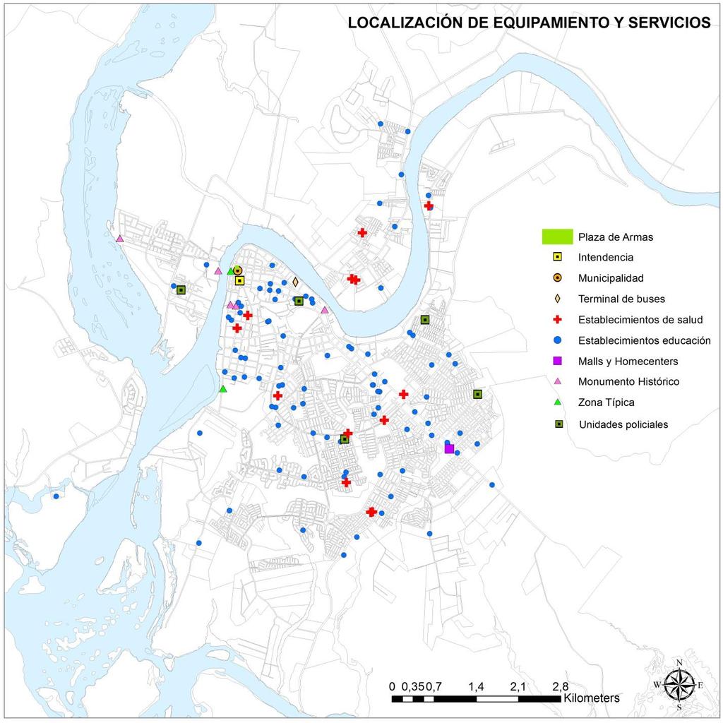 El plano que se presenta a continuación informa sobre la localización de equipamiento y servicios en Valdivia, información que se utiliza para el análisis de regresión como variables