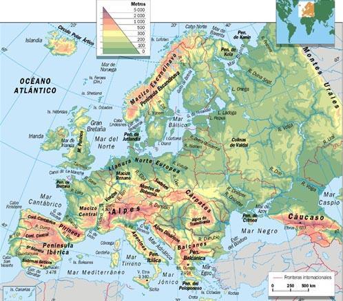 Cuáles son los límites del continente europeo? Qué formaciones del relieve predominan en la costa mediterránea de Europa? Cómo es el relieve de la mitad norte del continente europeo?