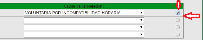 DATOS DE LA PANTALLA: Causa de cancelación: Se selecciona de la lista desplegable la causa de la cancelación de la asignatura.