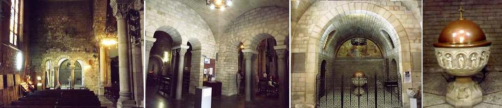 ❶ Vista de los arcos de ingreso desde el ábside de la Epístola. ❷ Otra imagen de su entrada. ❸ Capilla del baptisterio. ❹ Pila bautismal.