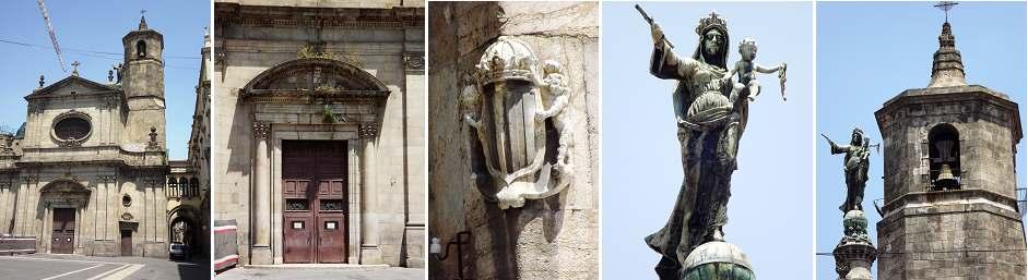 flamígero S. XV de la iglesia de San Miquel). ❷ Puerta de esta parte. ❸ Escudo en el ángulo izquierdo de la fachada. ❹ Primer plano de la Virgen. ❺ Detalle de su torre.