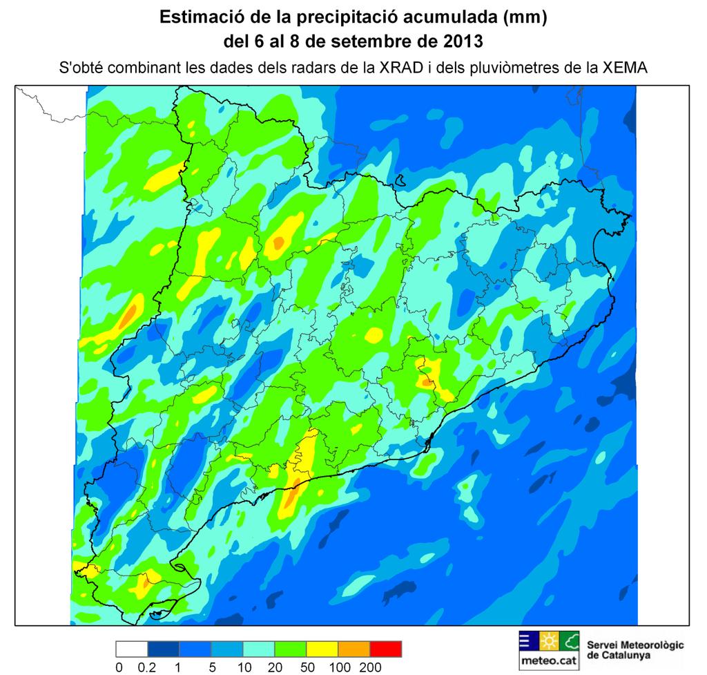 El mapa següent mostra una estimació de la precipitació acumulada a Catalunya entre el divendres 6 i el diumenge 8 de setembre.