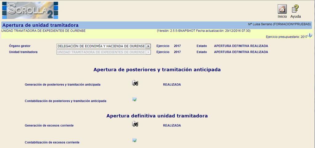 Para precontabilizar los documentos generados en el proceso de Apertura definitiva cambiamos al perfil de UNIDAD TRAMITADORA en el ejercicio 2017.