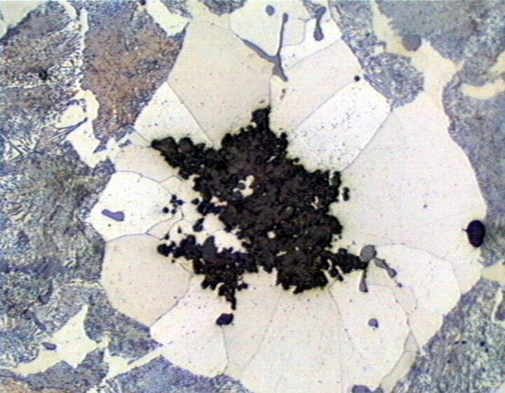 Los nódulos irregulares de grafito se llaman carbono revenido, 100X.