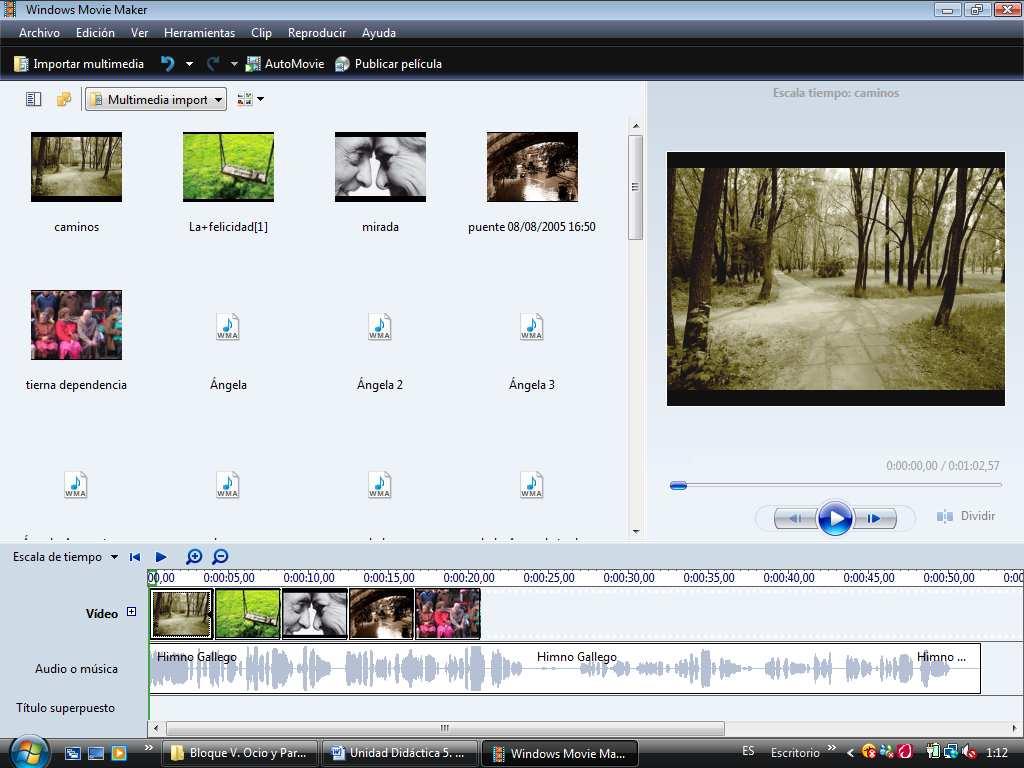 Figura 1. Captura de pantalla en la que se muestra el programa utilizado para el montaje del vídeo y algunos archivos de imagen y de sonido empleados para ello. Sesión 5.