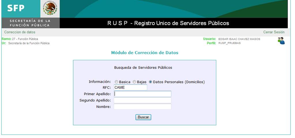 6.7 Correcciones en el archivo de Información de Datos Personales (Domicilios) El Operador RUSP selecciona el archivo de Datos personales (domicilios) en la opción Información para hacer las