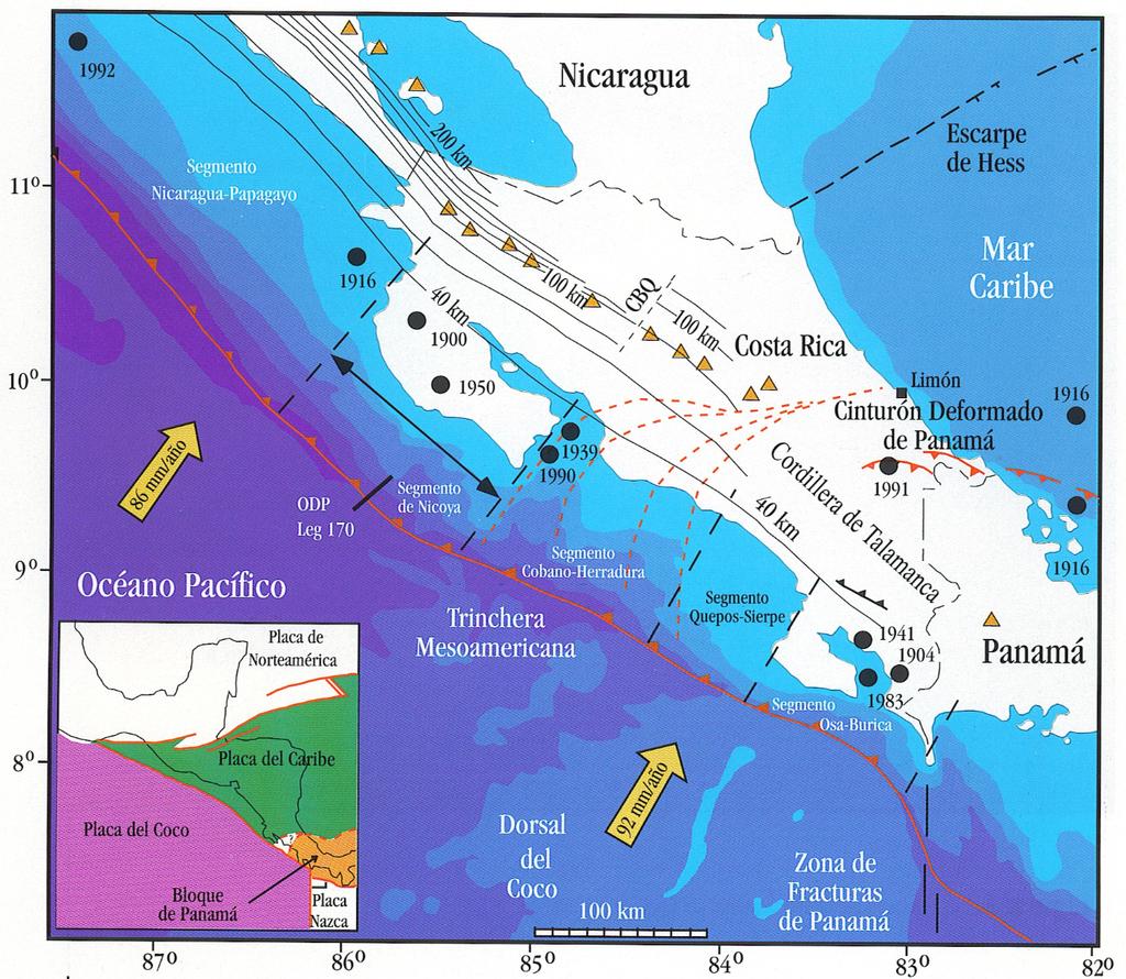 Figura 4. Mapa con una descripción detallada del marco tectónico del NW, centro y SE de Costa Rica, además de las zonas adyacentes de Nicaragua y Panamá.