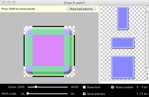 Herramienta draw9patch La fila de píxeles superior y la columna izquierda indican las zonas de la imagen que son flexibles y que se pueden ampliar si es necesario repitiendo su contenido.