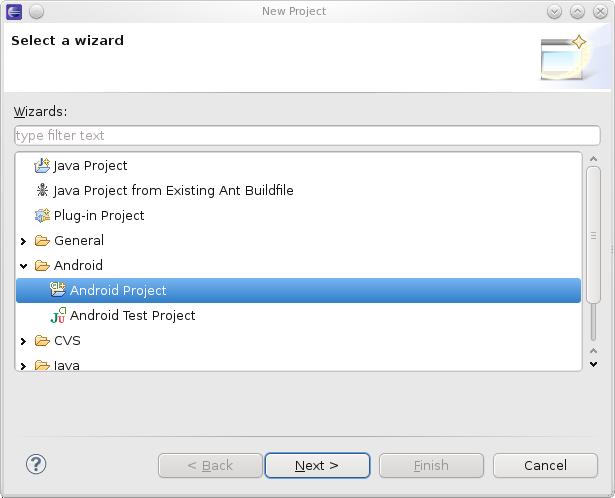 todos los tipos de proyecto a crear, seleccionamos Android categoría Android.