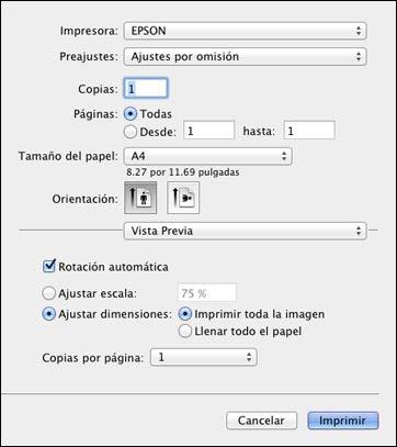 Verá la ventana ampliada de los ajustes de la impresora para su producto: Nota: La ventana de impresión puede ser diferente, dependiendo de la versión de OS X y la aplicación que