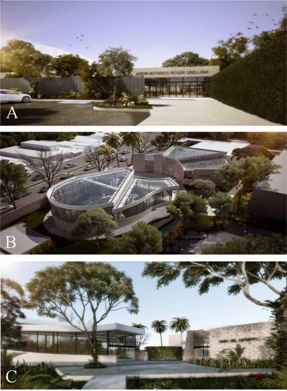 Figura 1. A. Perspectiva del futuro acceso al Jardín Botánico Regional Roger Orellana. B. Perspectiva que muestra, de izquierda a derecha, una vista aérea de la Casa Tropical, la Casa del Desierto y el Salón de Usos Múltiples.