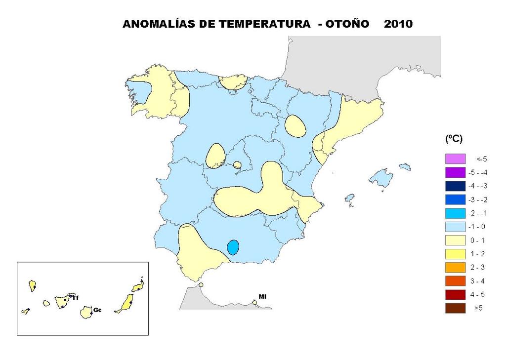 Mapa de anomalías de las temperaturas medias del trimestre Septiembre Noviembre de 2010 El otoño comenzó con temperaturas ligeramente superiores a las normales y fue cambiando progresivamente su