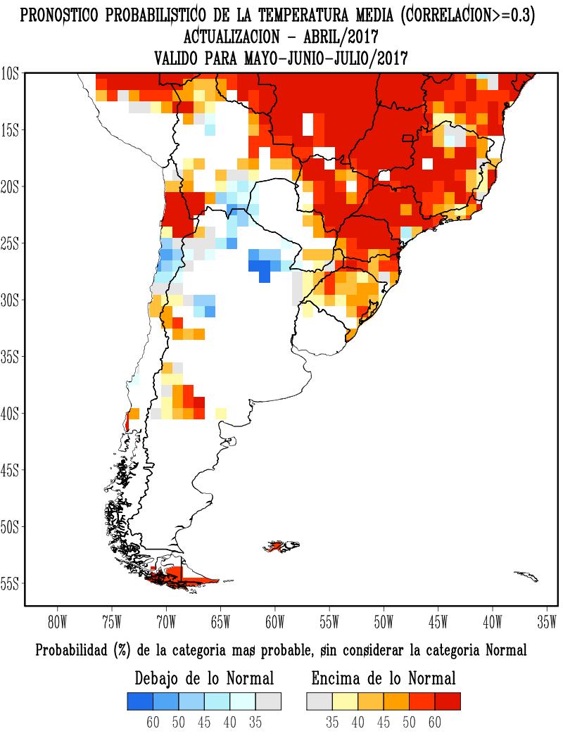 Continuación Pronóstico estacional de temperaturas Pronóstico para: May-Jun-Jul Actualizado: 14 Abr Fuente: Centro Regional sobre el clima para el Sur de América del Sur (CRC-SAS).