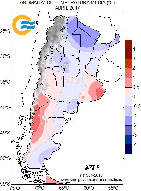Se observó una sección con registros por arriba de lo normal en el extremo sudeste de Buenos Aires, con desvíos de +1 a +2 C (en esta zona la temperatura mínima promedio en particular fue alta).