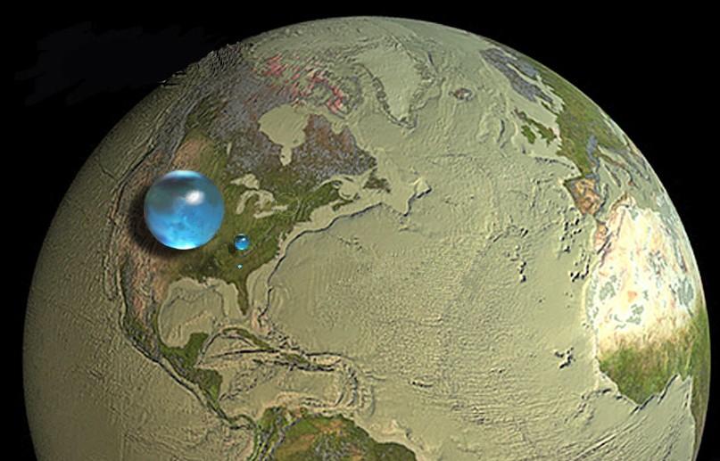 Toda el agua del planeta ocupa una esfera de 1384 km de diámetro Toda el agua dulce líquida del planeta ocupa una esfera de 272