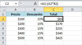 Considera la fórmula de la celda C2 que entre paréntesis hace el cálculo del 15% del precio original que es la misma operación que hicimos en la sección anterior.