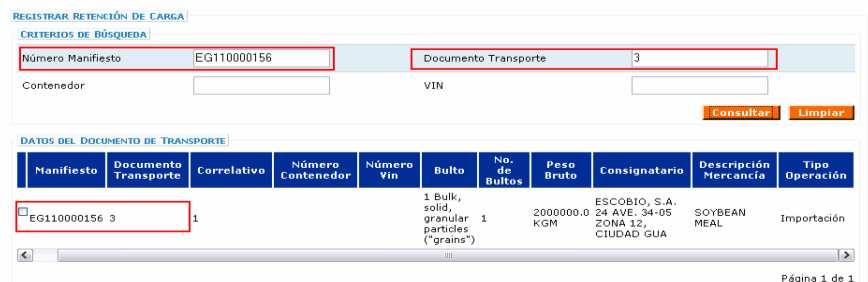 EG110000156, documento de transporte 3 b. El usuario ingresa valores en la sección criterios de búsqueda.