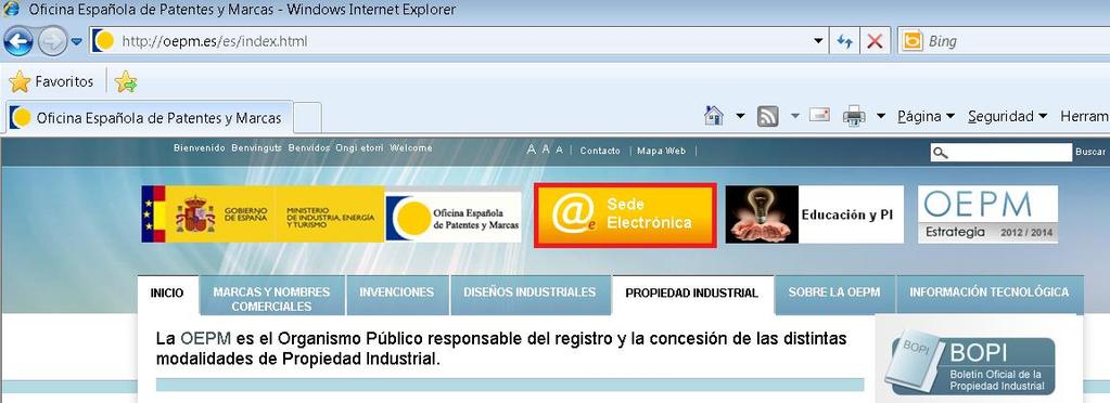 1. Acceso al trámite Pinchado en Sede Electrónica o escribiendo la URL: https://sede.oepm.gob.es/esede/es/index.