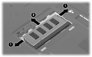 b. Sujete los bordes del módulo de memoria (2) y extráigalo suavemente de la ranura. Para proteger un módulo de memoria después de extraerlo, póngalo en un estuche de protección antielectrostático.