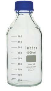Frasco de aboratorio graduado con ISO de borosiicato 3.3 Fabricado en vidrio borosiicato LBG 3.3. Totamente autocavabe a 140 ºC. Rosca GL 45 (excepto 50m), según ISO 4796.