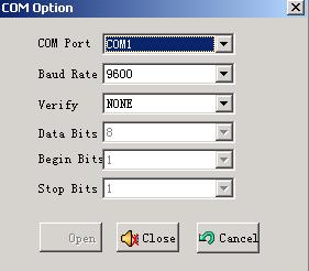 En la ventana que aparece seleccione el puerto COM de su ordenador donde ha conectado el RM-873. Puede servir cualquier puerto tanto físico como virtual. No es necesario fijar ningún parámetro más.