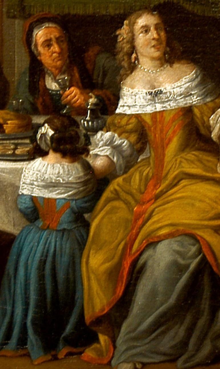El siguiente trío de personajes es el formado por la niña colocada de espaldas al espectador, la mujer de cabello rubio con un elegante vestido de color mostaza, que probablemente sea su madre y la