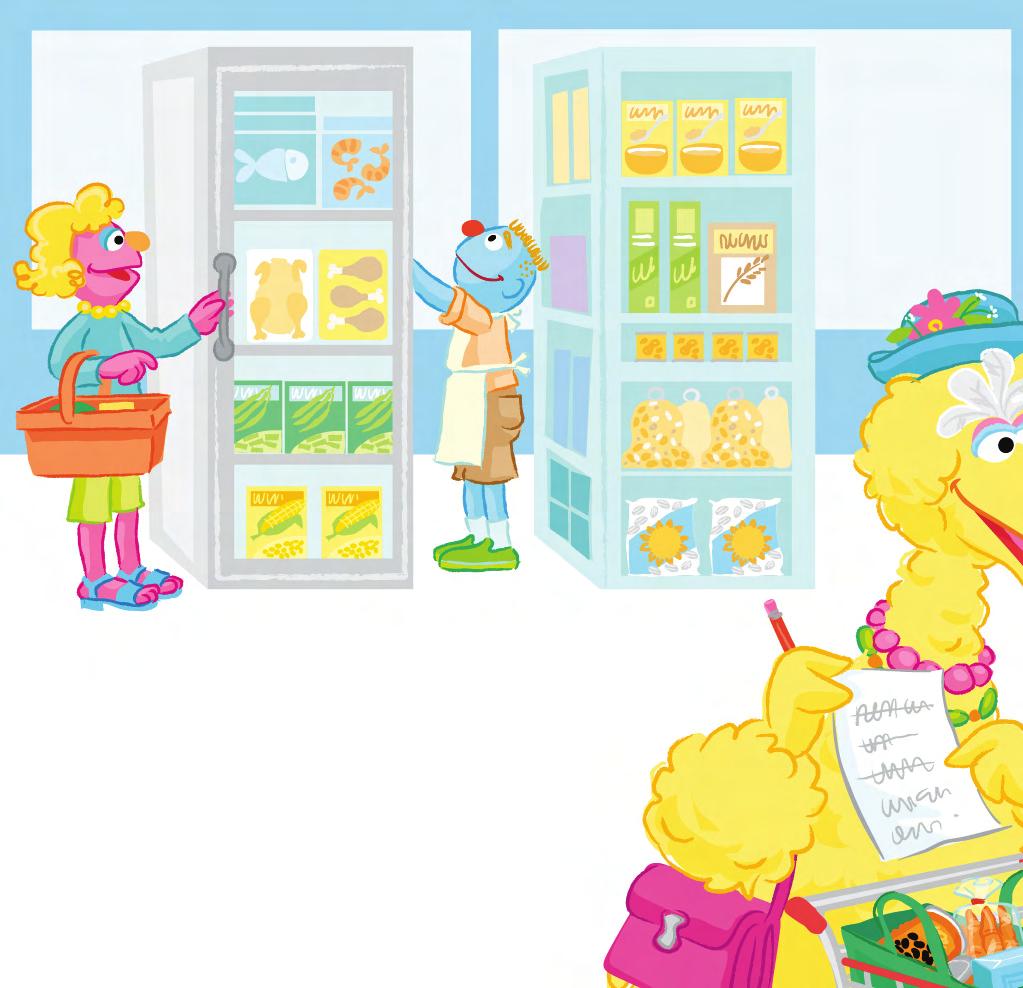 En la tienda, Granny Bird revisó su lista de compras. Listos ayudantes?