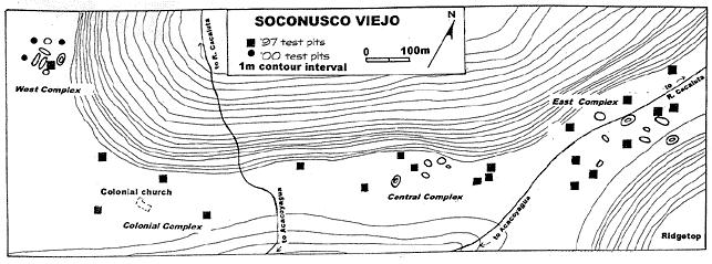 Figura 5. Inserción de Soconusco Viejo, en la que se observa la ubicación de las calas que se excavaron en 1997 y 2000.