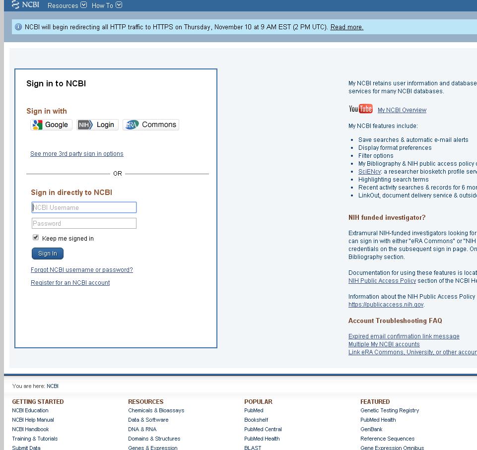 Registro en MyNCBI Clicamos primero en Register for an NCBI acount (también podemos registrarnos desde una