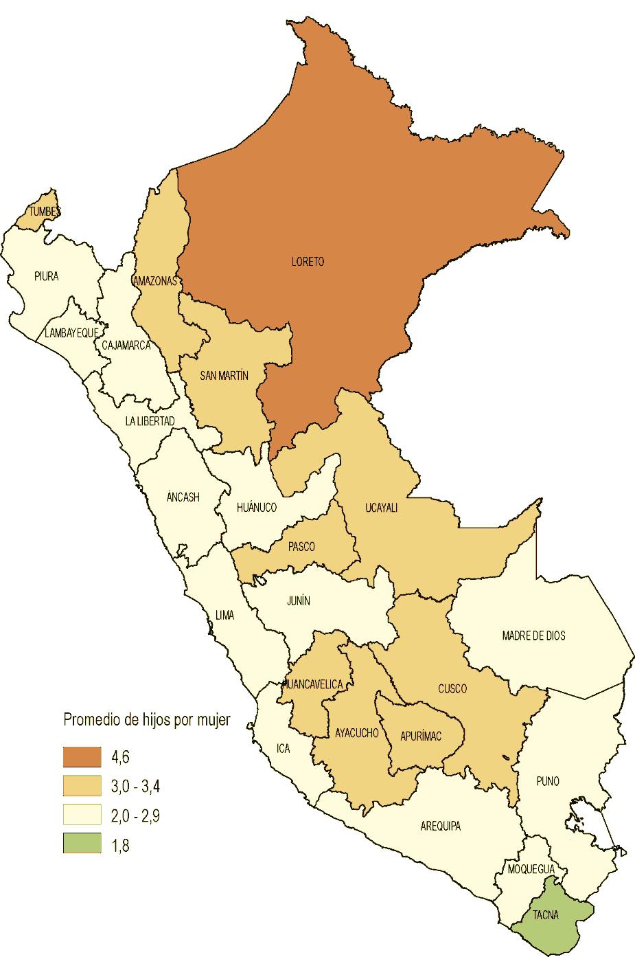 PERÚ: Tasa Global de Fecundidad, según Departamento, 2011 (Hijos por mujer) Loreto 4,6 Tumbes Pasco Huancavelica Ayacucho Apurímac 3,0 a 3,4 Cusco