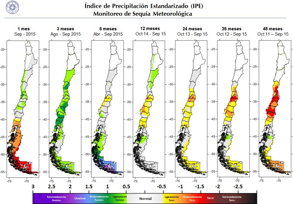Fig. 5: Mapas del índice estandarizado de precipitación (IPE) en Chile Centro Sur, para