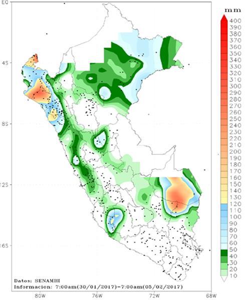 Cabe mencionar que la intensificación de lluvias en la sierra central aconteció durante la segunda semana del mes alcanzando incluso históricos diarios en localidades como Santa Eulalia (64,4 mm/mes)