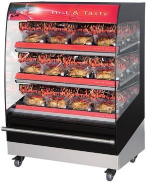 Hot air is blown from the front of the shelf and circulates within the shelf surface resulting in optimum air circulation around the hot product.