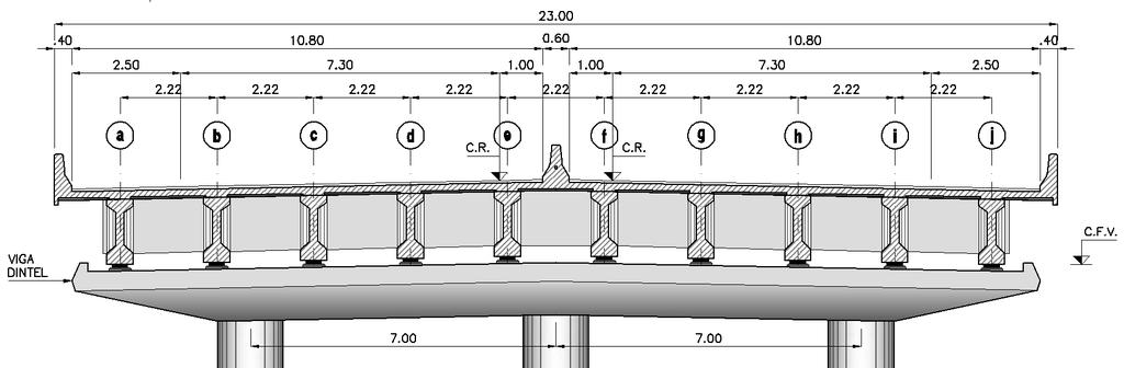 CAPÍTULO 2 - BASES DE DISEÑO La losa de tablero tiene 0.20 m de espesor total y se coloca sobre las vigas principales.