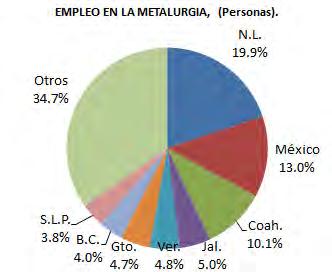 Empleo en la Industria Minero-Metalúrgica por Estado en Septiembre de 2012. (personas) 40 PERSONAS PAR.(%) N.L. 47,469 14.3% Coah. 40,493 12.2% México 31,592 9.5% Chih. 18,248 5.