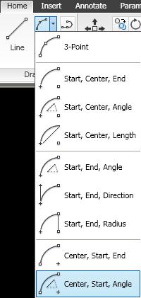 Arco: Centro Inicio Angulo Etiqueta Home / Draw / Arc / Center Start Angle Clic para indicar el Centro Clic para