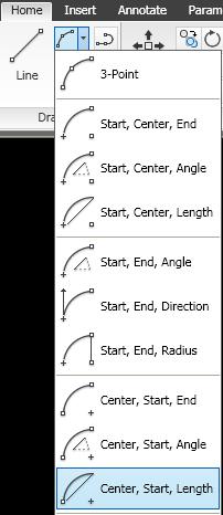 Arco: Centro Inicio Longitud de cuerda Etiqueta Home / Draw / Arc / Center Start Length Clic para indicar el Centro Clic para indicar el Inicio Ingresar la longitud de