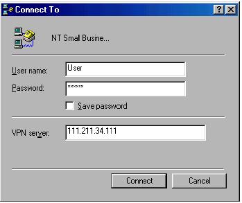 Al hacer doble-click en el icono de la conexión VPN, aparecerá la siguiente pantalla, donde se debe introducir el nombre de usuario, la contraseña y la dirección IP del servidor NT: Figura 17.