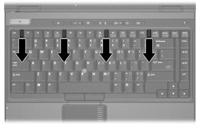 9. Deslice los cuatro pestillos de liberación del teclado para soltar el teclado. 10. Tire suavemente del borde superior del teclado e inclínelo hasta que se apoye sobre el reposamuñecas del equipo.