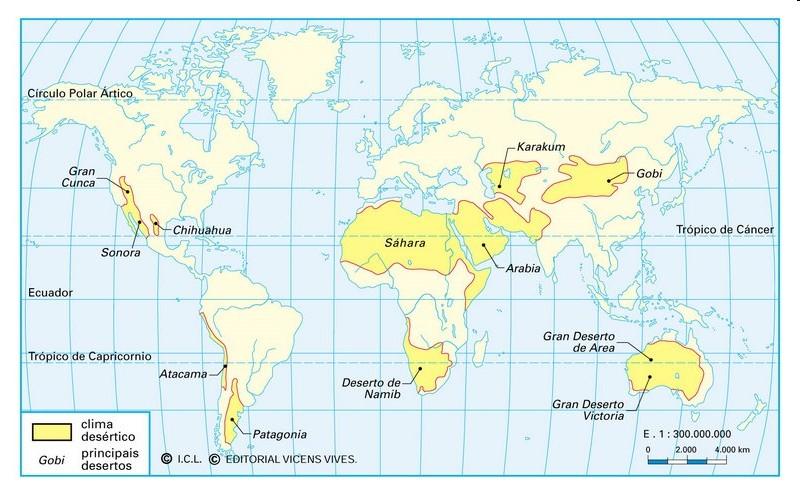 Zona geográfica donde se da el clima desértico: sobre los Trópicos de Cáncer y de Capricornio y en algunas zonas templadas Oeste de