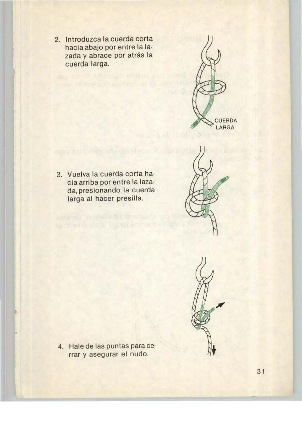 2. Introduzca la cuerda corta hacia abajo por entre la la zada y abrace por atrás la cuerda larga. 3.
