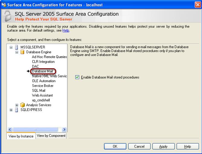 Con guración de SQL DataBase Mail Habilitar database mail en la opción Surface Area con guration for Features en el menú Microsoft SQL Server 2005 - Con guration Tools - SQL Server Surface Area Con