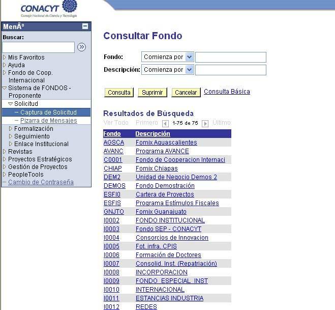 1.4.- Para ver el listado con todos los Fondos con que cuenta el CONACYT, dar clic en la lupa