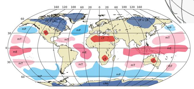 CLASIFICACION DE LAS MASAS DE AIRE Masa de aire Región fuente Propiedades de origen Polar marítimo (Pm) Polar continental (Pc) Artico o Antártico (A) Tropical marítimo (Tm) Tropical Continental (Tc)