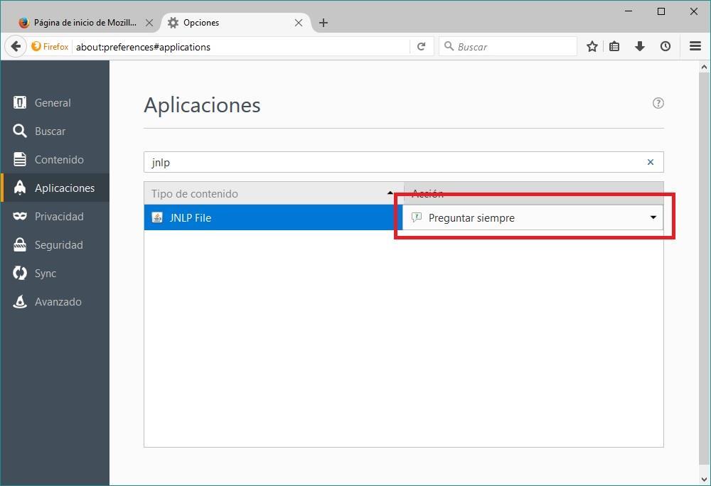 En la pestaña "Aplicaciones" del cuadro de opciones de Firefox, localizar la opción "JNLP File" y restaurar la