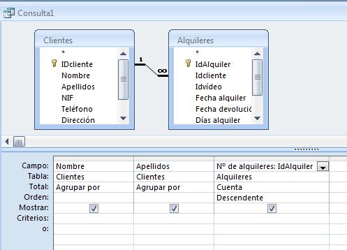 Haz clic en la flecha a la derecha de Agrupar por, en el campo IdAlquiler y selecciona la función Cuenta.