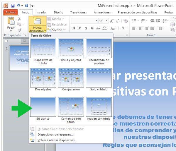 1- Inicia Office, el tema predeterminado de la nueva presentación es: "Presentación en blanco", es decir sin fondo ni efectos.
