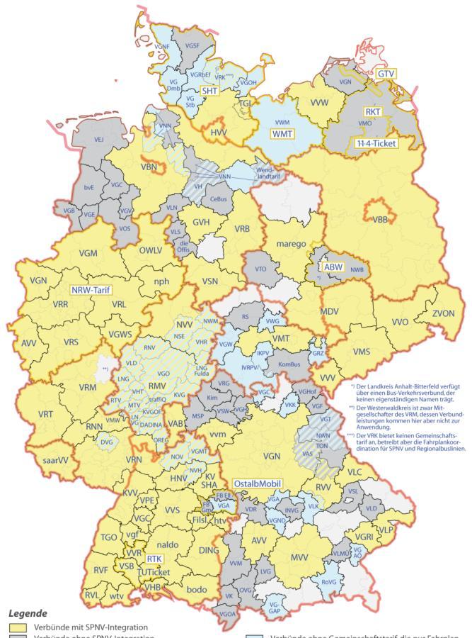 La Solución en Alemania 1) Administrativo: El Verkehrsverbund / La Asociación de Transporte En Alemania existen más de 100 Asociaciones de transporte (vea mapa) Esas asociaciones cobren casi la